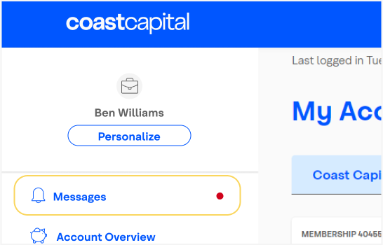 coast capital banking website with messages tab highlighted