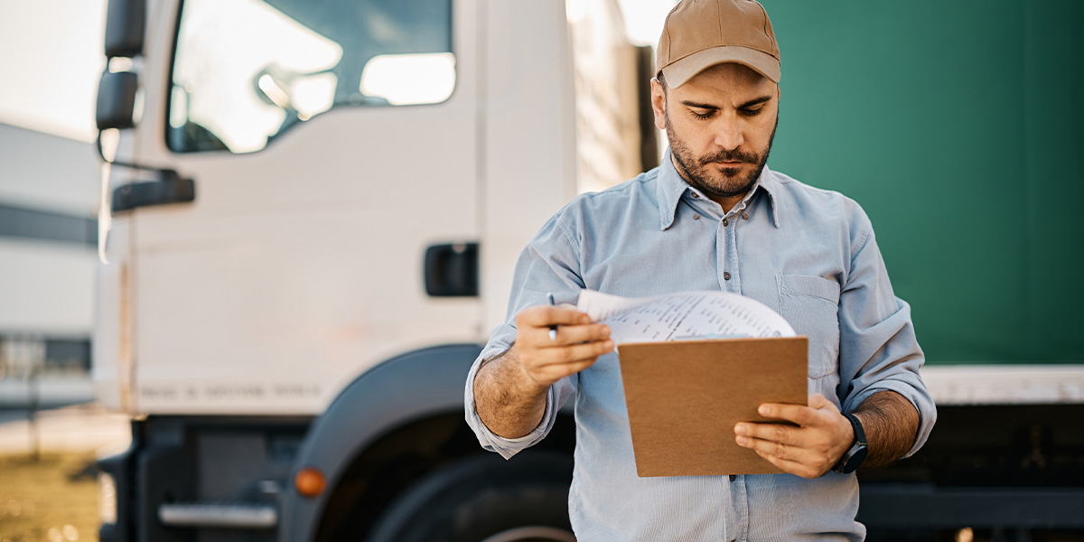 man wearing beige hat and blue shirt with clipboard standing next to delivery truck