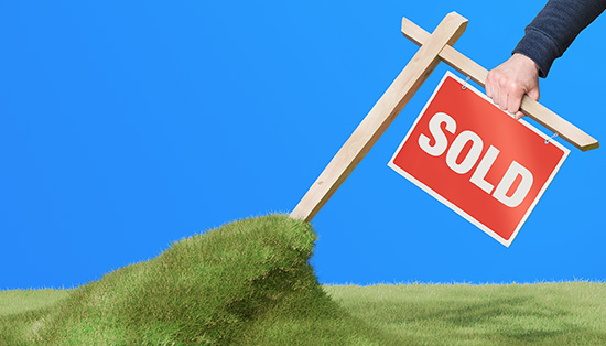 Arm pulling a real estate sold sign that is stuck to the grass