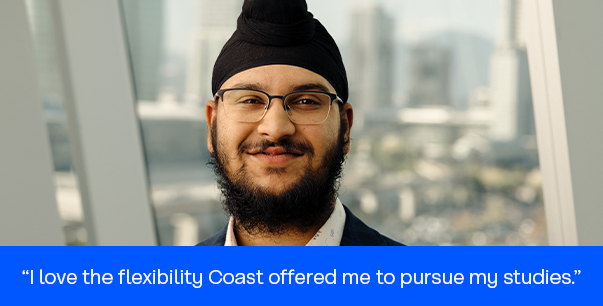 Man in a blue plaid suit and white patterned shirt smiling. Text on a blue background reads, "I love the flexibility Coast offered me to pursue my studies.