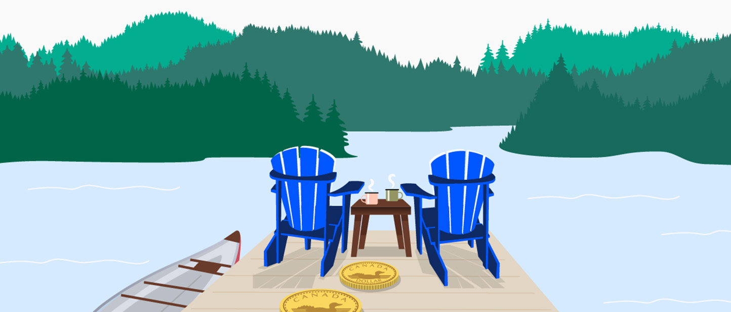 Illustration of 2 adirondack chairs at the end of a dock to a lake