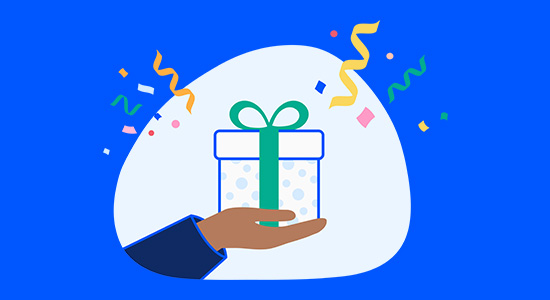 Illustration of a gift sitting in the palm of a hand on an ocean blue background