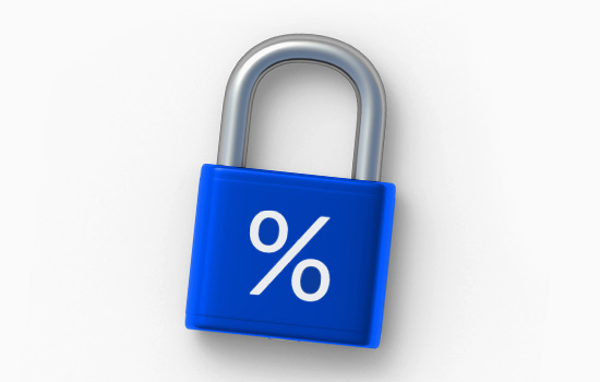 Illustration of a blue padlock displaying a percentage symbol, representing secured rates or financial savings.
