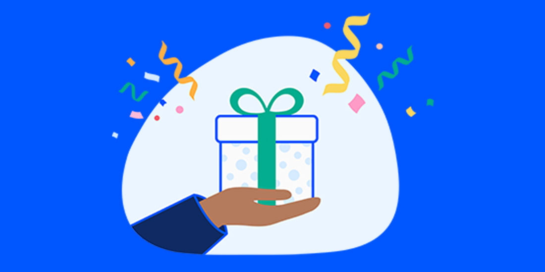 Illustration of a gift sitting in the palm of a hand on an ocean blue background