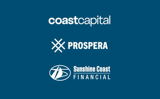 Dark blue background with Coast Capital, Prospera and Sunshine Coast Financial logos center aligned vertically