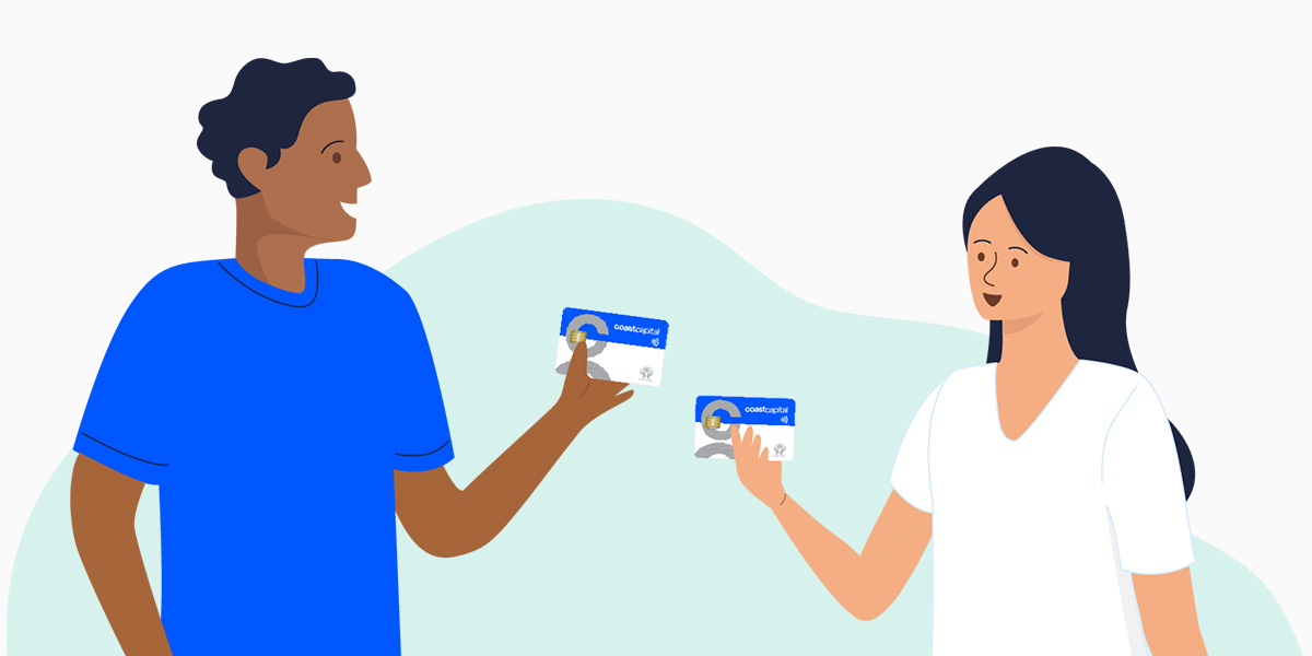 Illustration of man and woman holding Coast Capital bank cards