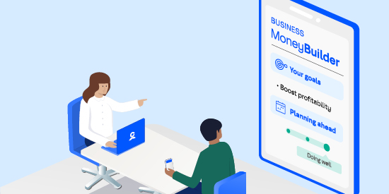 Illustration of a woman and a man at a table looking at a projection that reads Business Money Builder